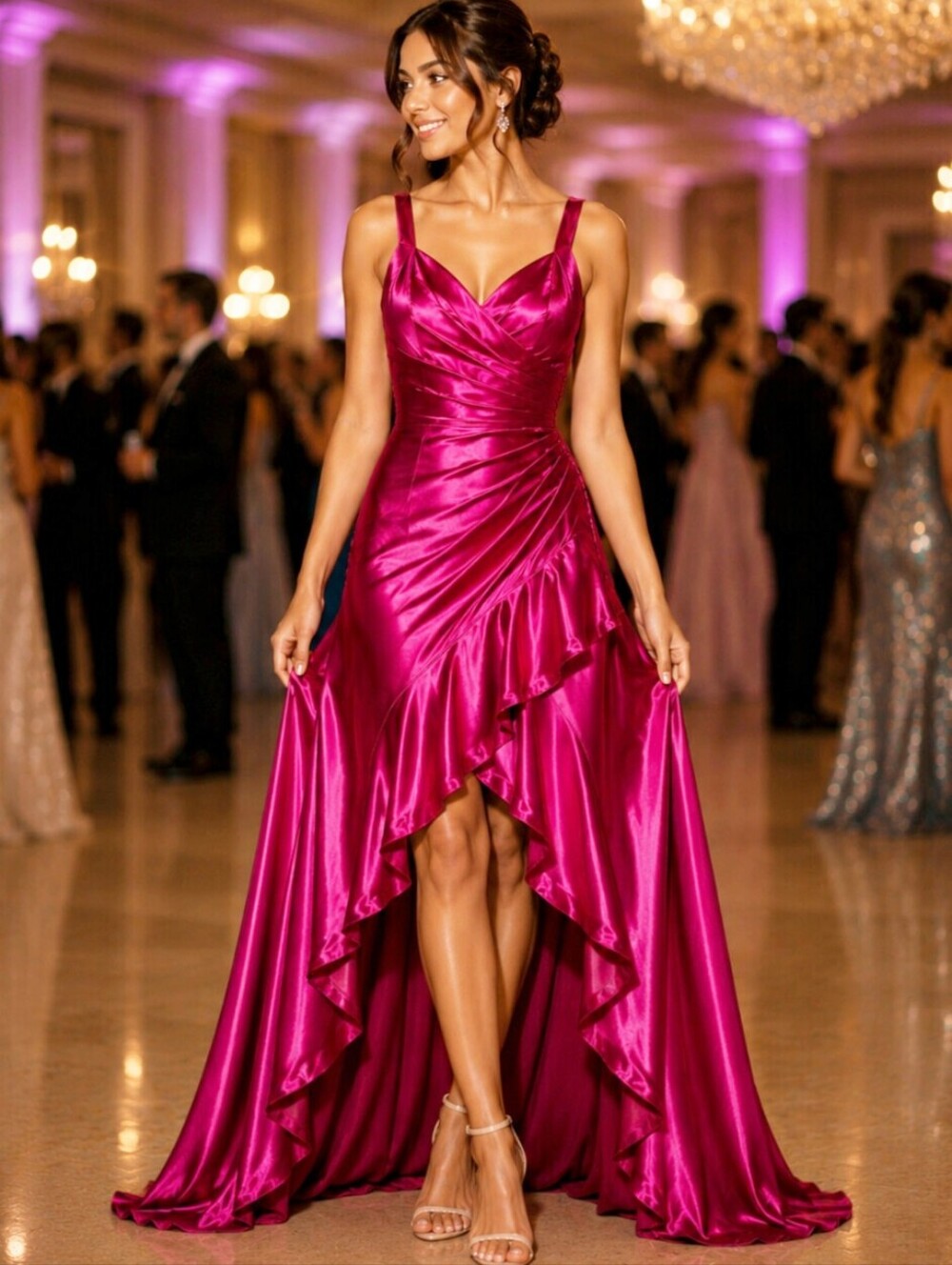Fuchsia Satin High-Low Prom Dress with Draped Bodice